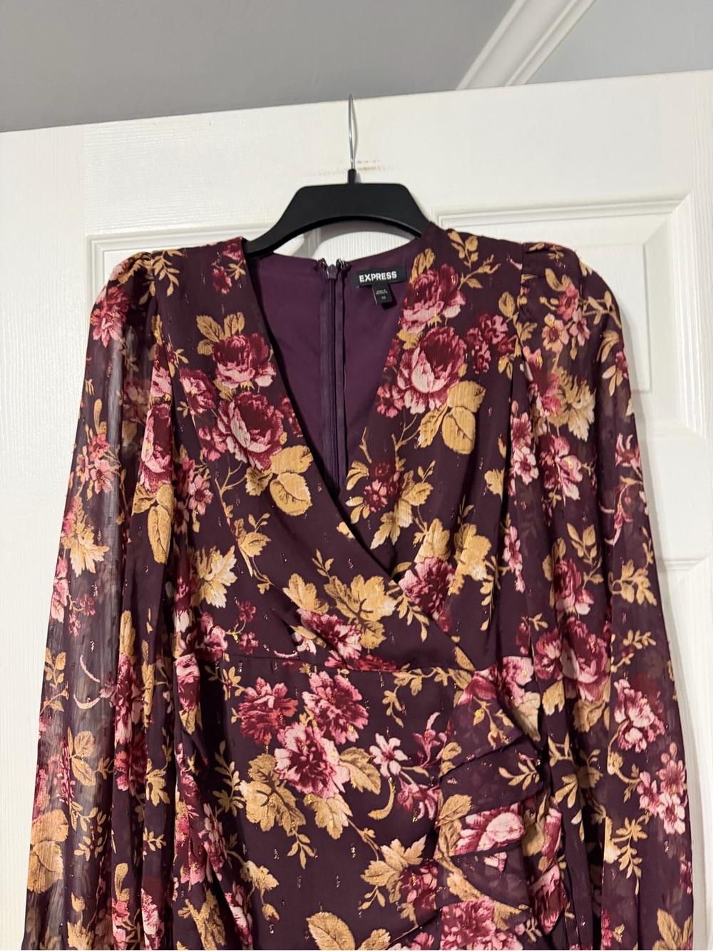 Express Burgundy Floral Wrap-Style/Gathered Mini Dress - Picture 2 of 16